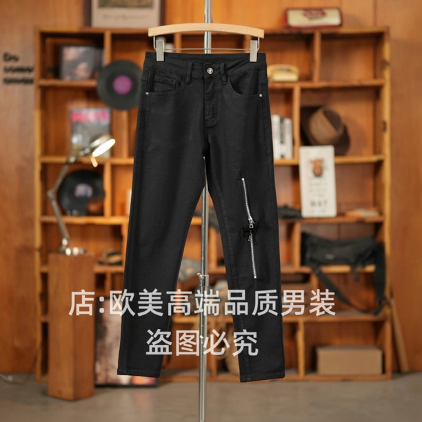 秋冬季轻奢原创高端机车风拉链破洞露肉黑色男士牛仔裤修身休闲潮