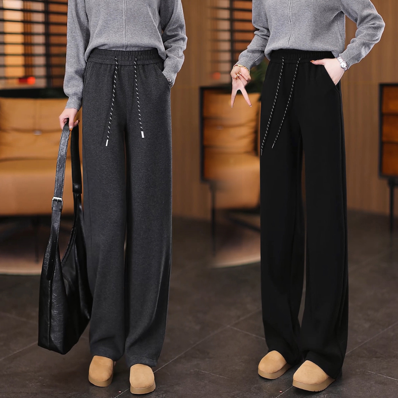 松紧高腰加绒休闲直筒裤女2025冬季新款毛呢极简风垂感宽松阔腿裤
