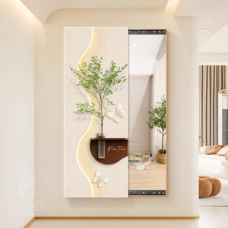玄关推拉全身镜装饰画隐藏暗藏式遮挡挂画卧室可关闭穿衣镜壁画