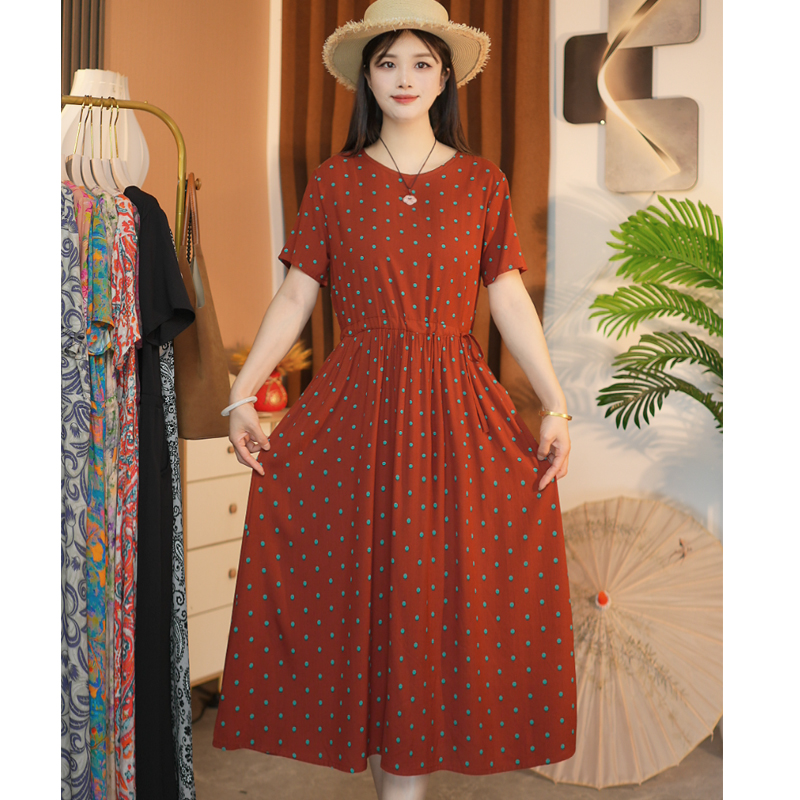 落日红妈妈装中长款棉绸裙子夏季新款时尚短袖系带大码连衣裙