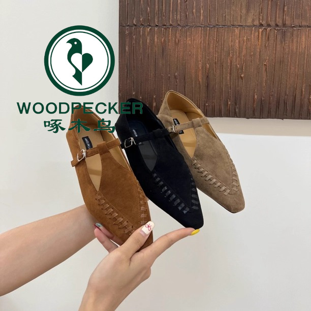啄木鸟复古绒面浅口玛丽珍鞋女秋一字扣单鞋懒人鞋百搭软底尖头