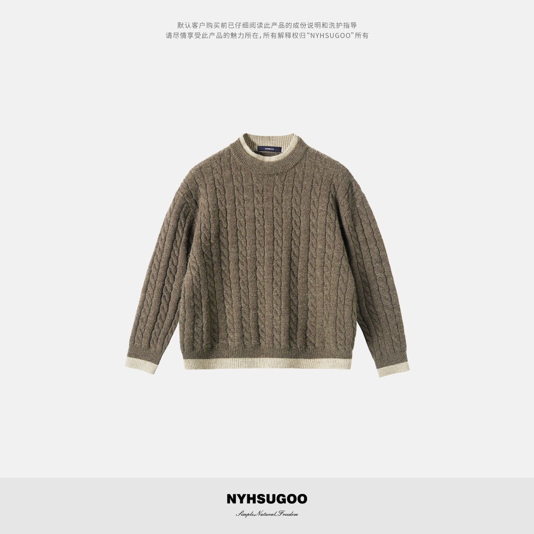 NYHSUGOO/南乙冬季357针假两件撞色绞花圆领毛衣55055男士套头