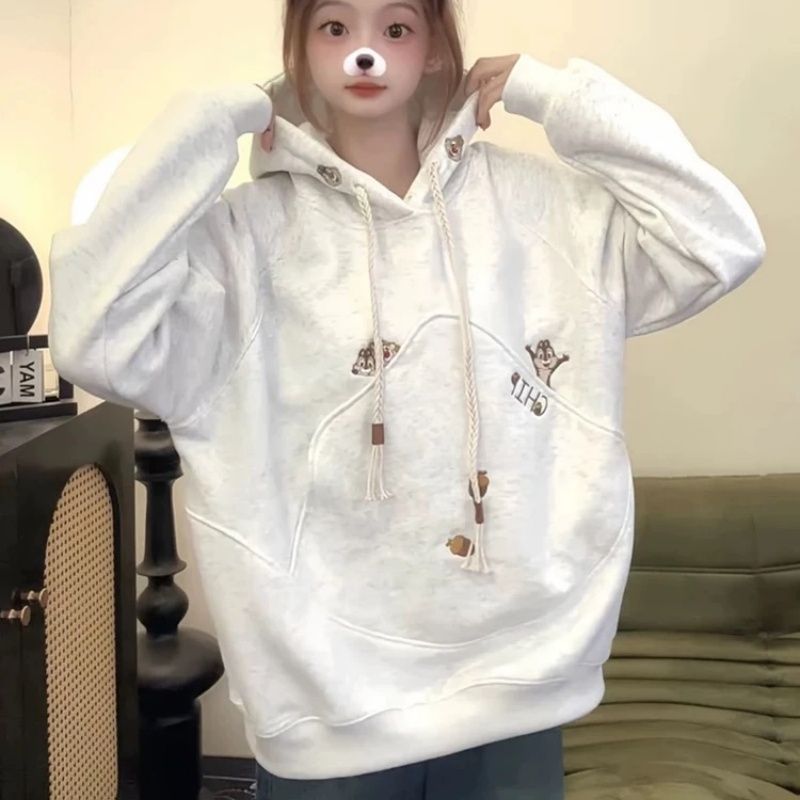 韩版卡通刺绣连帽卫衣女春秋冬加绒加厚宽松慵懒风高级感灰色外套