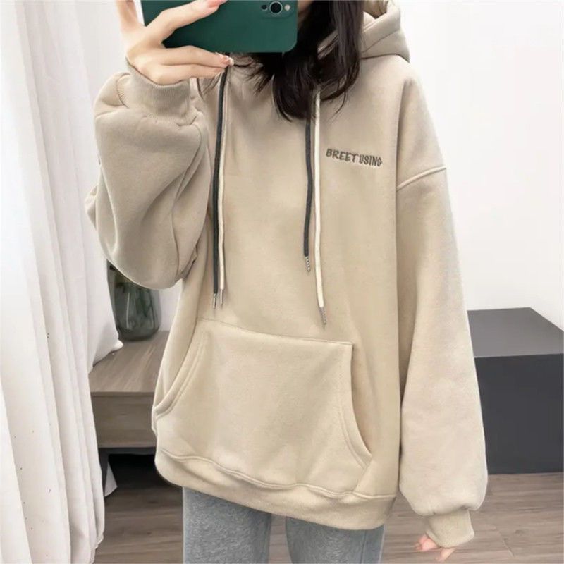 加绒加厚秋冬季新款胖mm大码连帽保暖卫衣女宽松百搭休闲套头外套