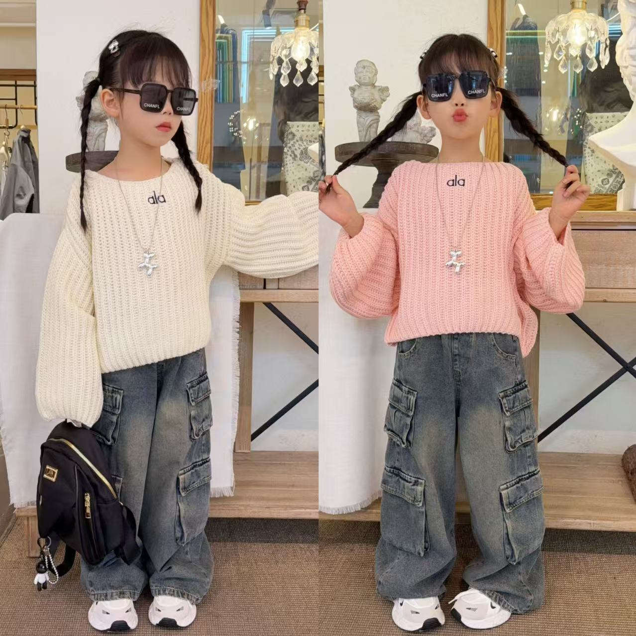 女童套装秋季洋气工装牛仔阔腿裤时尚毛衣两件套中大童时髦套装潮