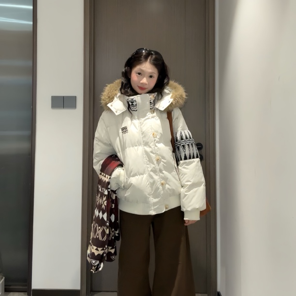 AMER 国潮美式复古字母小标拼接连帽毛领棉服外套保暖