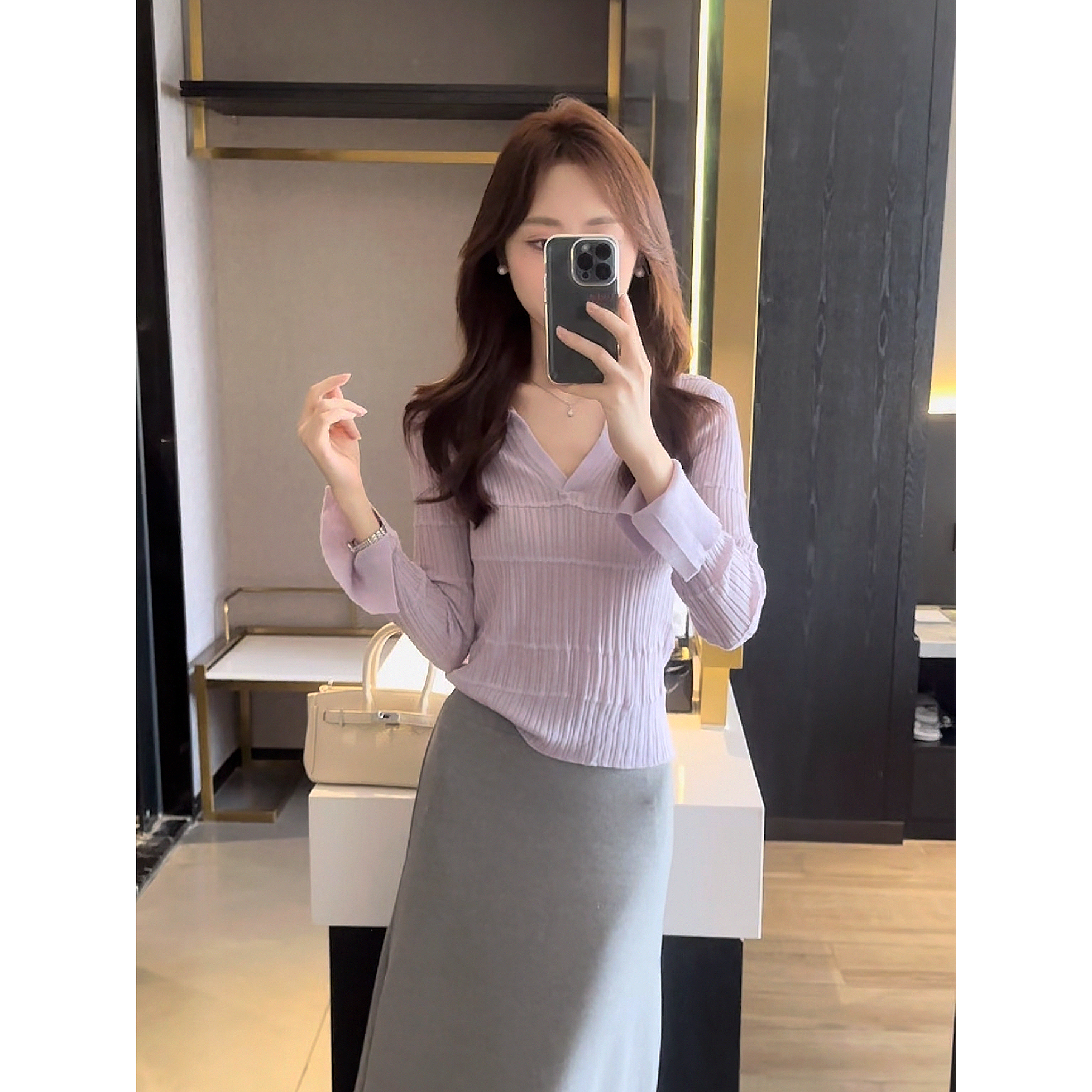 气质多巴胺紫色polo翻领上衣春秋季复古坑条修身显瘦长袖针织衫女