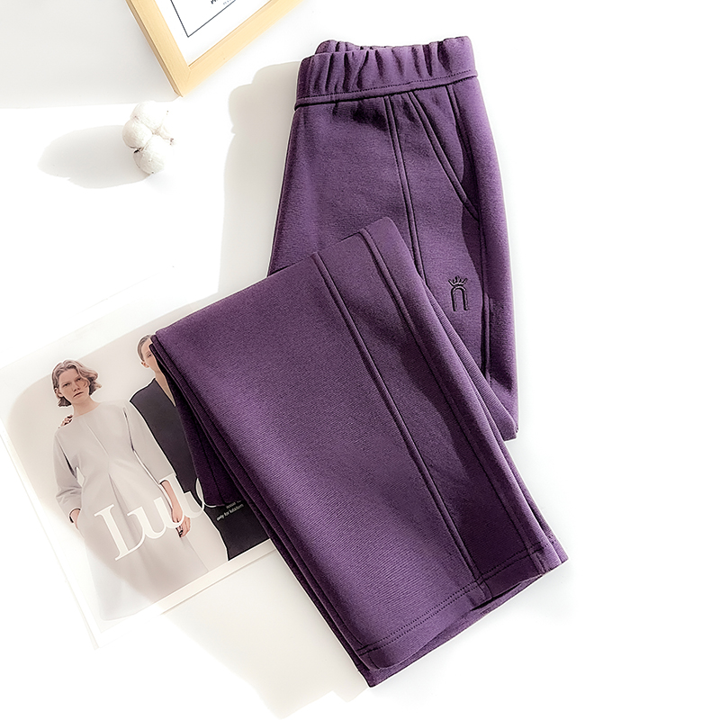 高端葡萄紫色春秋厚款高腰女裤大码直筒外穿大码显瘦小个子休闲裤