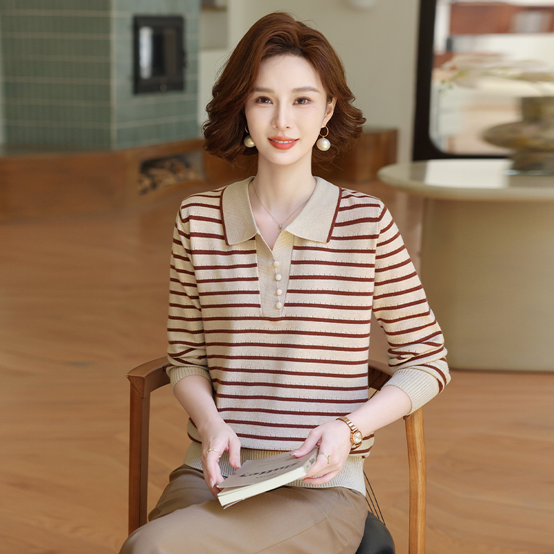 妈妈装条纹翻领时尚薄款镂空中老年女装秋季女装中年气质春秋显瘦