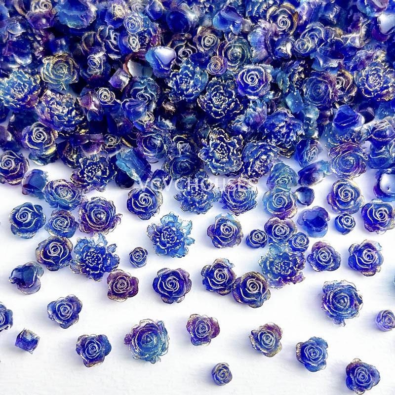 复古网红美甲小花苞玫瑰饰品蓝色妖姬国风树脂牡丹花指甲装饰品