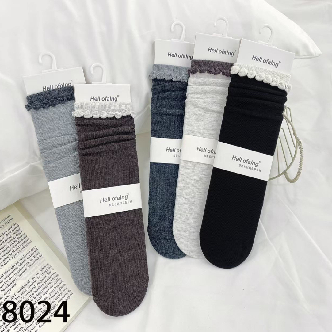 2025秋冬季常规厚度简约百搭纯色中筒木耳边无骨堆堆袜学院风袜子