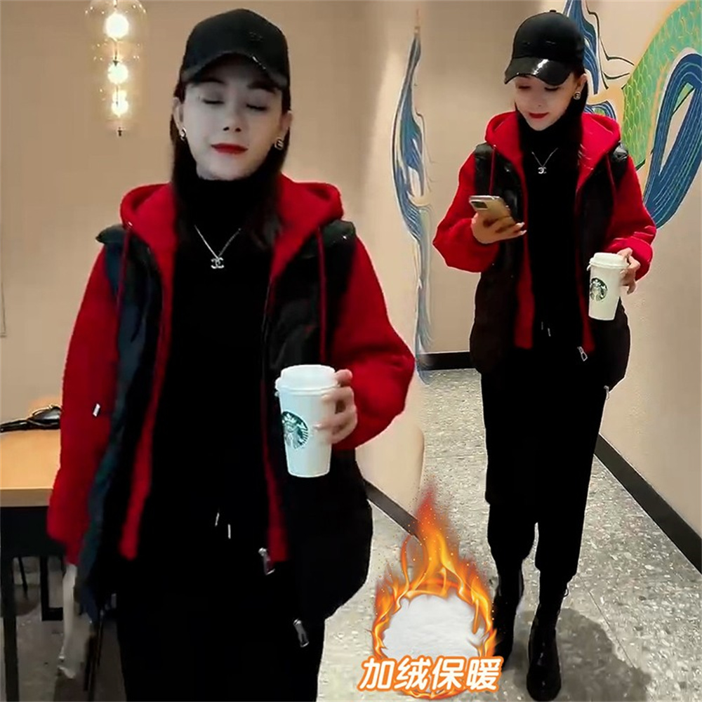 加绒加厚假两件棉服女2026年冬季新款宽松休闲拼接棉衣棉袄外套女