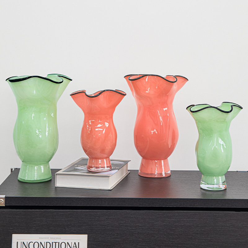 新中式手工波浪口花边玻璃花瓶高级感客厅餐桌样板间插花装饰