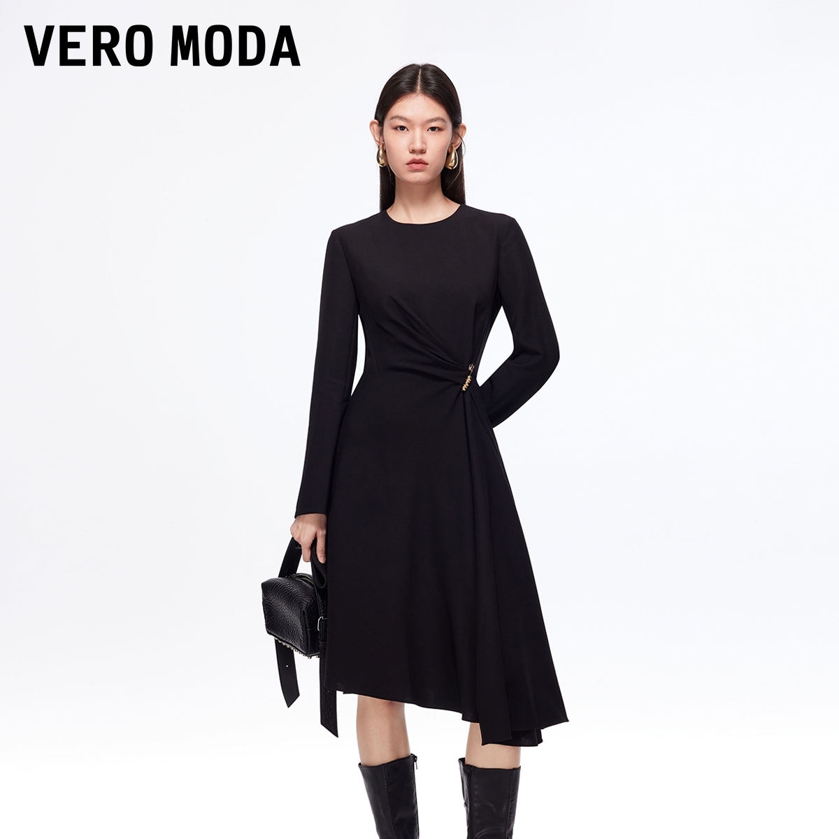 Vero Moda连衣裙2025秋冬新款收腰显瘦不规则裙摆小黑裙百搭通勤