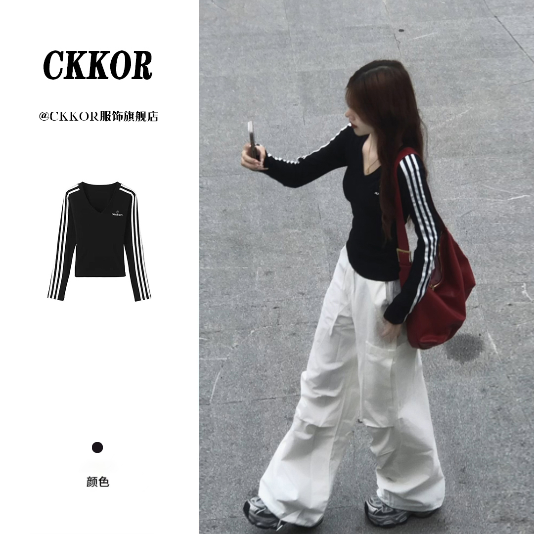 CKKOR美式复古风修身显瘦长袖t恤女春秋新款ins时尚设计感V领上衣