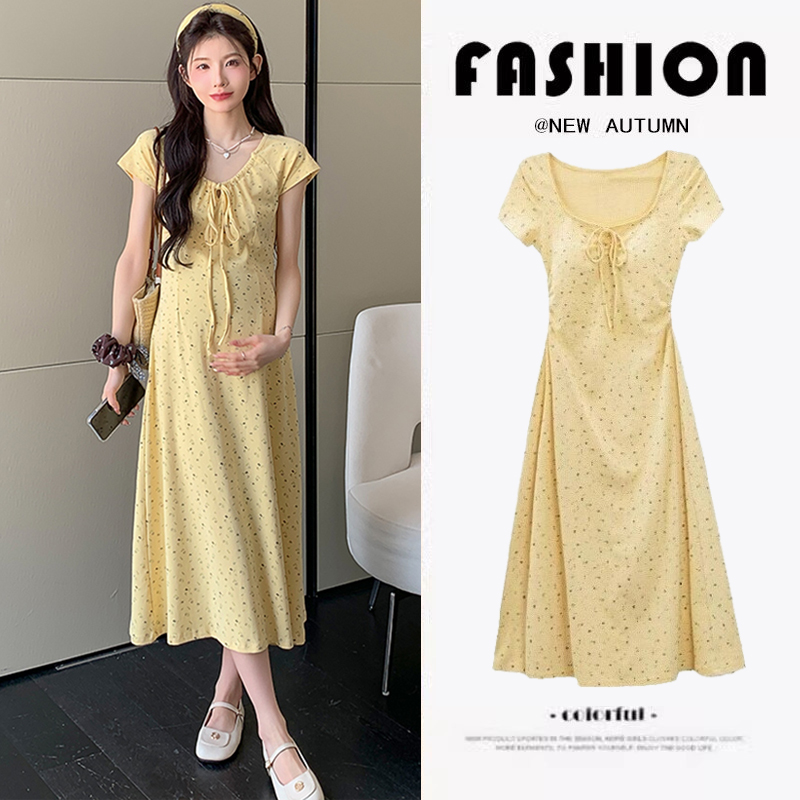 孕妇装连衣裙女夏装新款法式宽松大码显瘦碎花裙夏季时尚过膝裙子