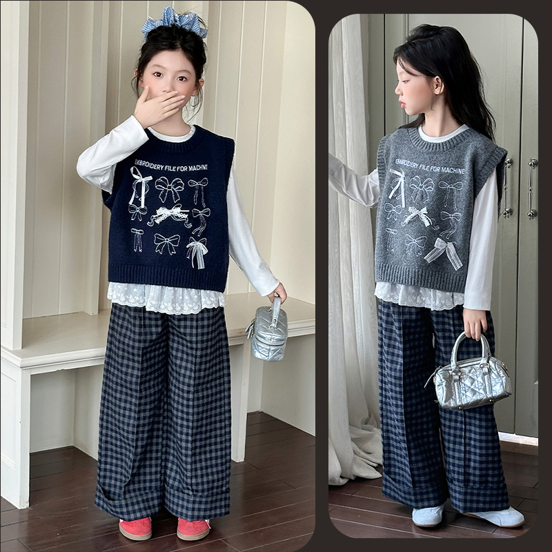 女童秋季时尚打底T蝴蝶结毛衣背心格子裤套装6~12岁中大童时髦潮