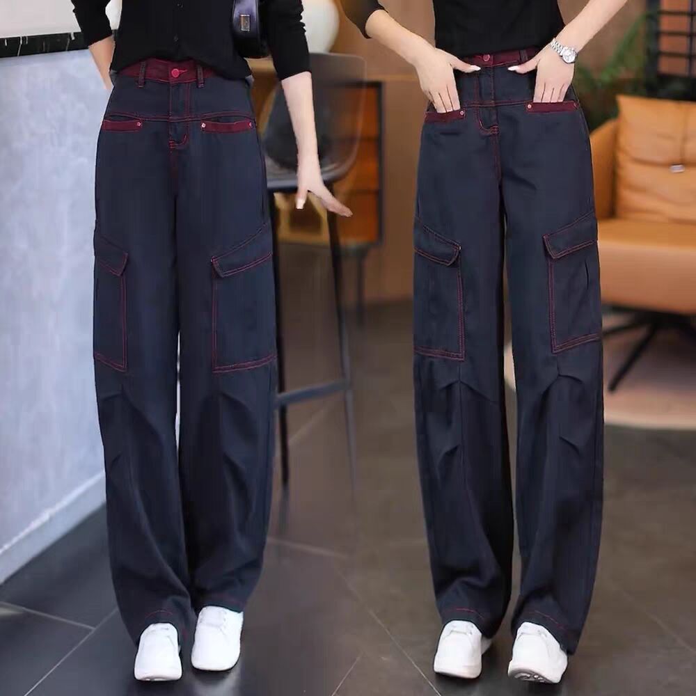 撞色工装阔腿牛仔裤女2025秋季新款时尚高腰宽松显瘦休闲直筒裤潮