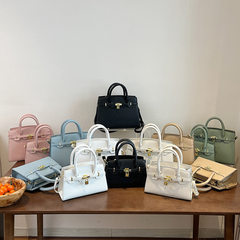 外贸时尚荔枝纹包新款时尚通勤大容量单肩包斜跨手提女士包包蓝色