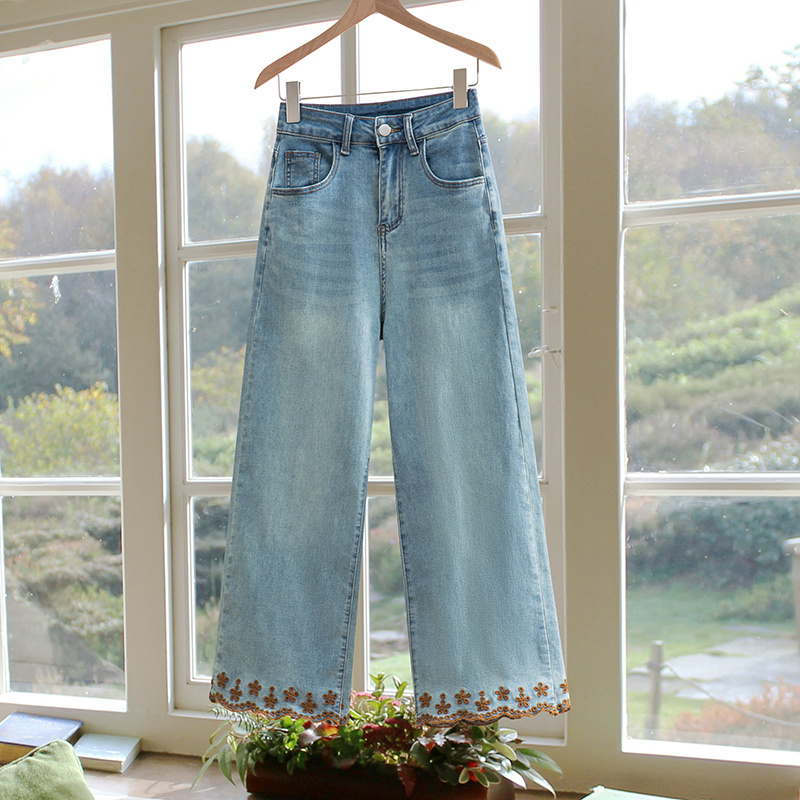 夏季薄款八九分直筒牛仔裤女绣花2025新款休闲高腰显瘦宽松裤9828
