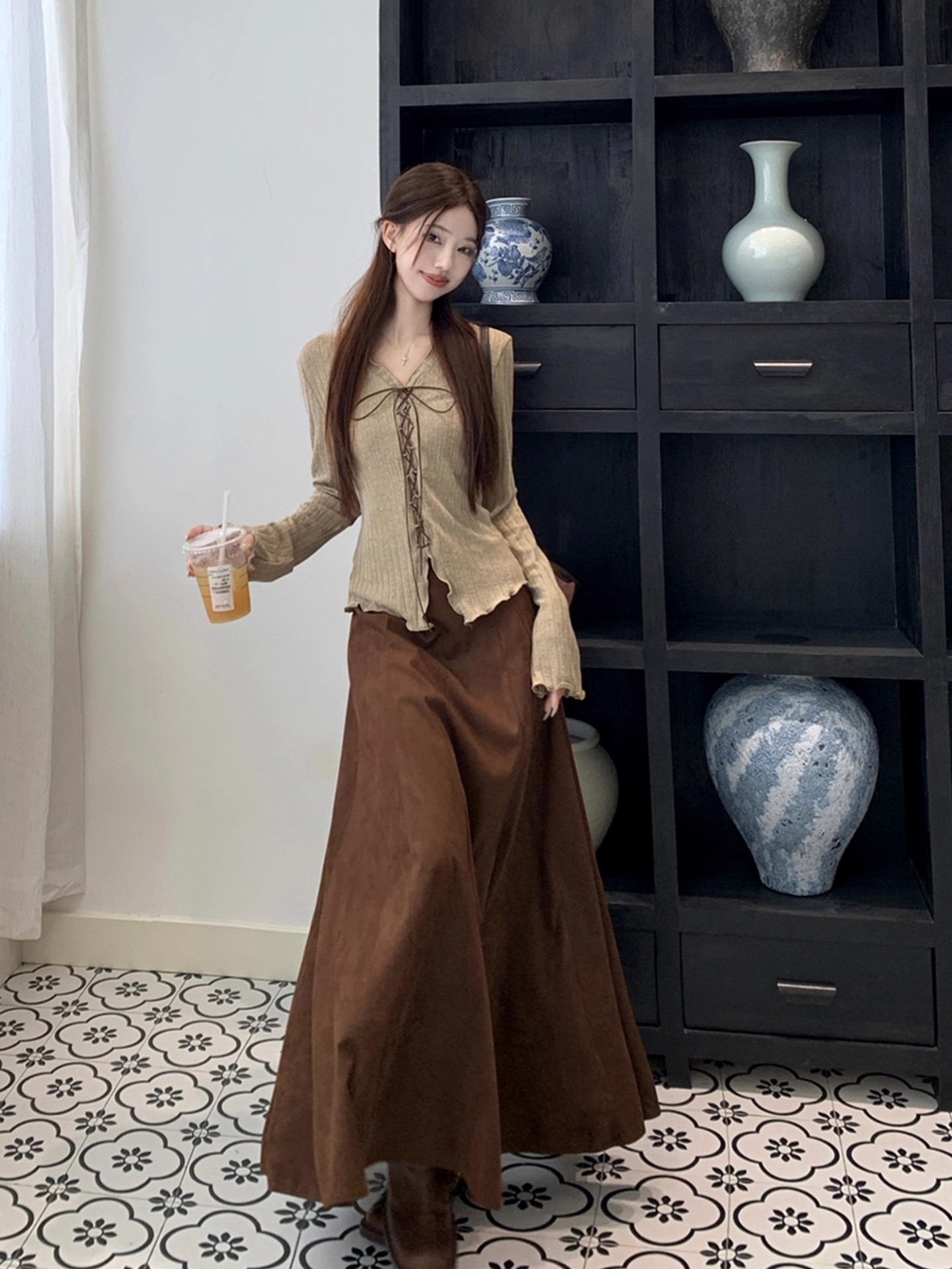 巨好看早秋两件套女v领系带针织衫上衣新疆旅游穿搭半身裙套装秋