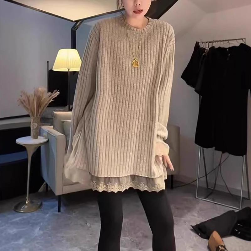 圆领针织衫打底衫女秋冬2025欧货长袖蕾丝拼接中长款毛衣减龄上衣