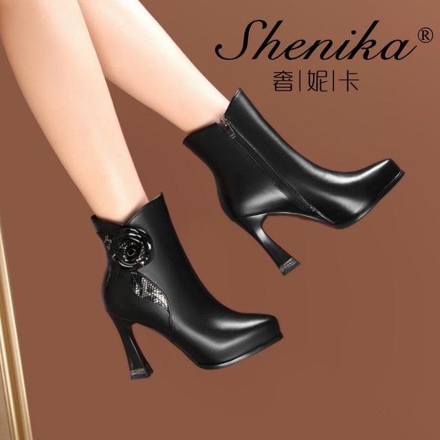 超显瘦~细跟厚底尖头法式气质高跟短靴女秋冬新款百搭防水台时装