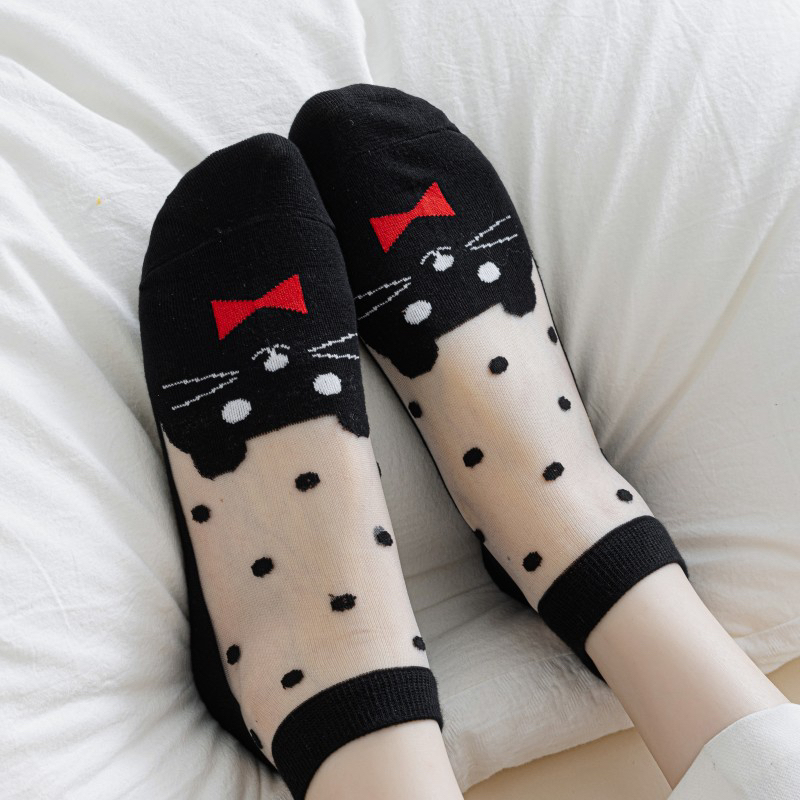 短筒小猫水晶丝袜子 薄款玻璃丝女袜透明吸汗棉底女袜