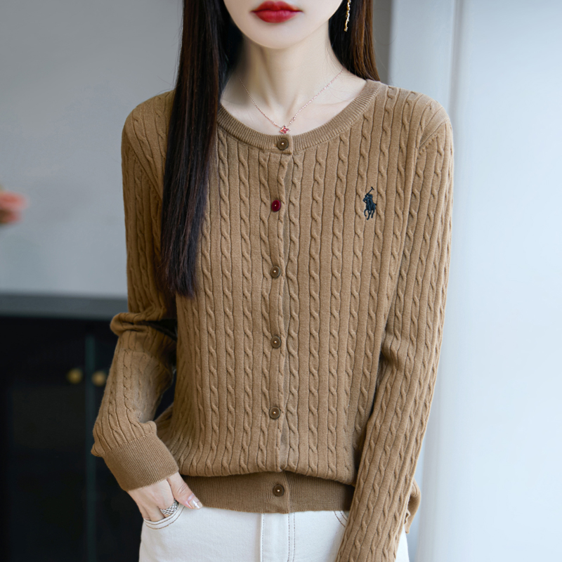 品牌女装小马刺绣针织开衫女秋季麻花圆领宽松百搭毛衣外套