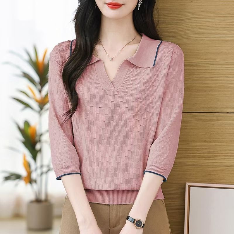春夏装薄款气质七分袖新款翻领针织衫上衣夏季半袖T恤女外穿短款