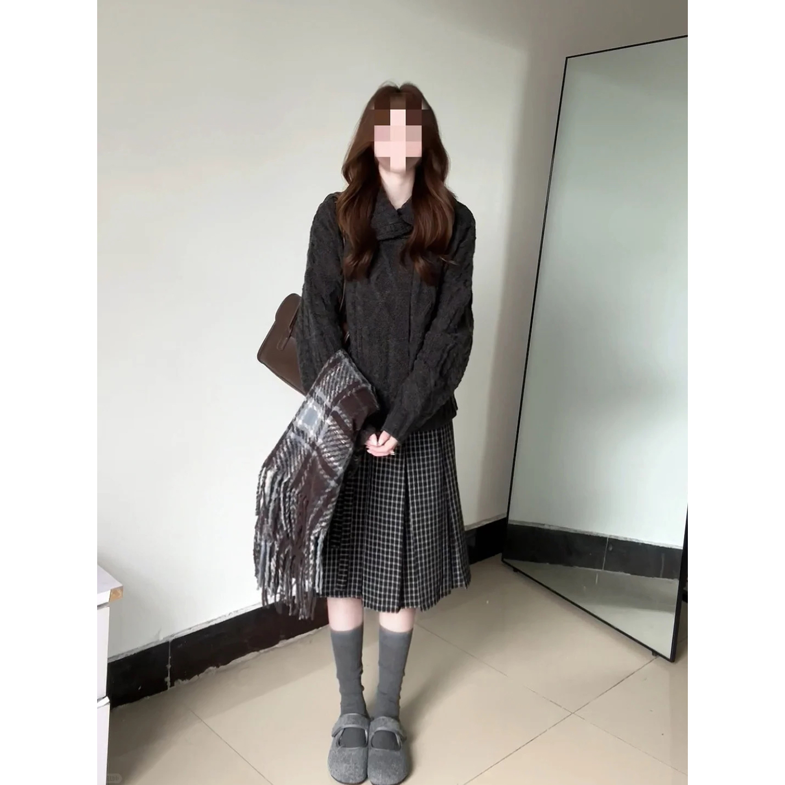 软糯慵懒风宽松翻领毛衣针织开衫外套格纹压褶A摆中长裙半身裙女