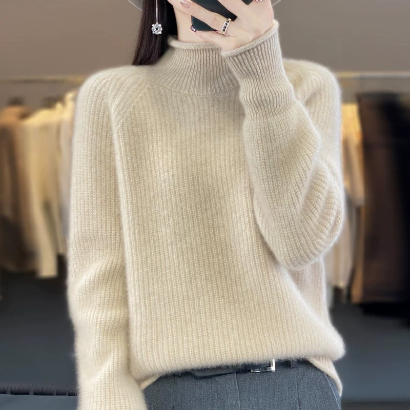 专柜正品100%羊绒衫女秋冬新款加厚半高领内搭宽松时尚针织打底衫