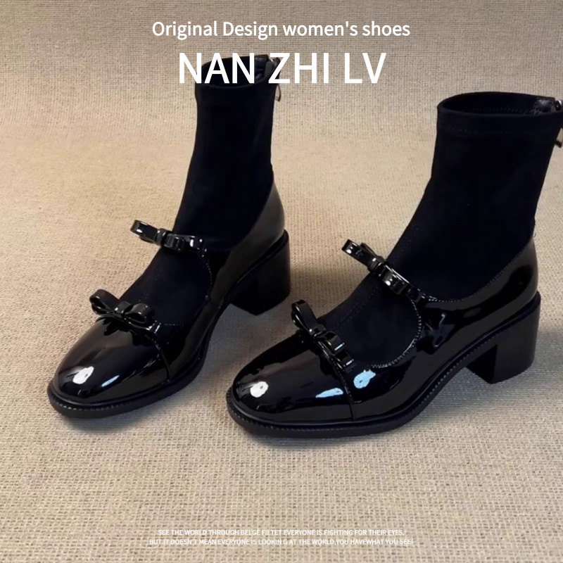 全羊皮~小香风弹力瘦瘦靴蝴蝶结后拉链粗跟短靴高跟显瘦袜靴