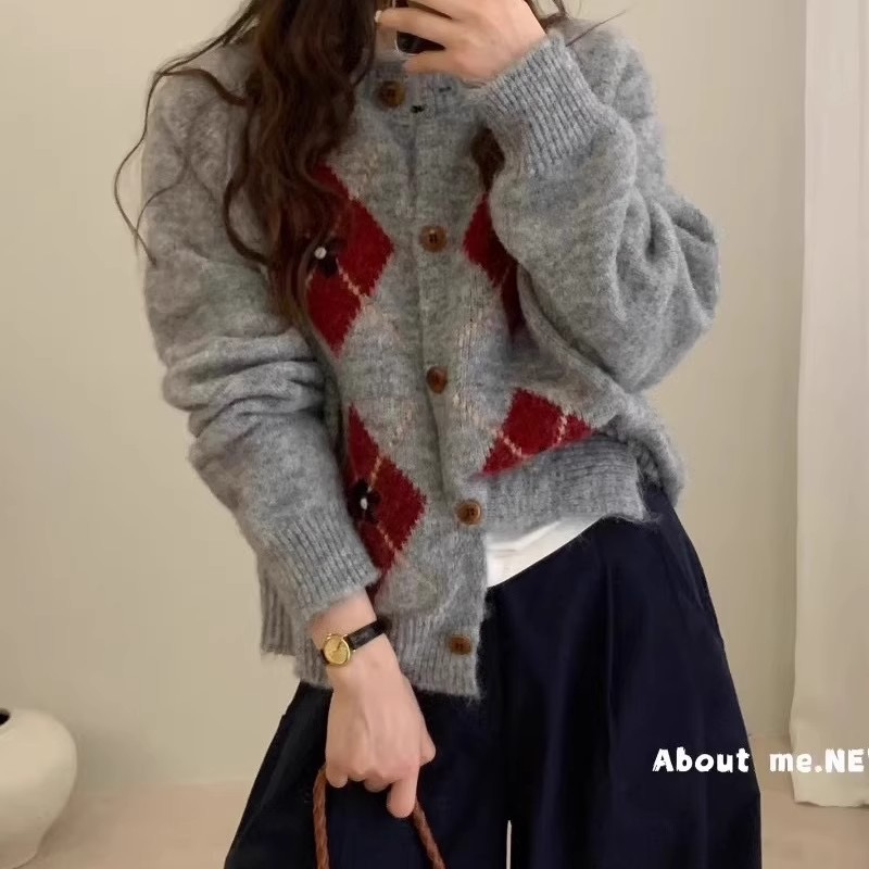 韩系复古菱格针织开衫女2025新款秋冬宽松慵懒风毛衣外套