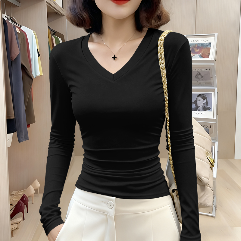 V领长袖t恤女2025秋冬新款修身显瘦鸡心领内搭薄款百搭打底衫潮