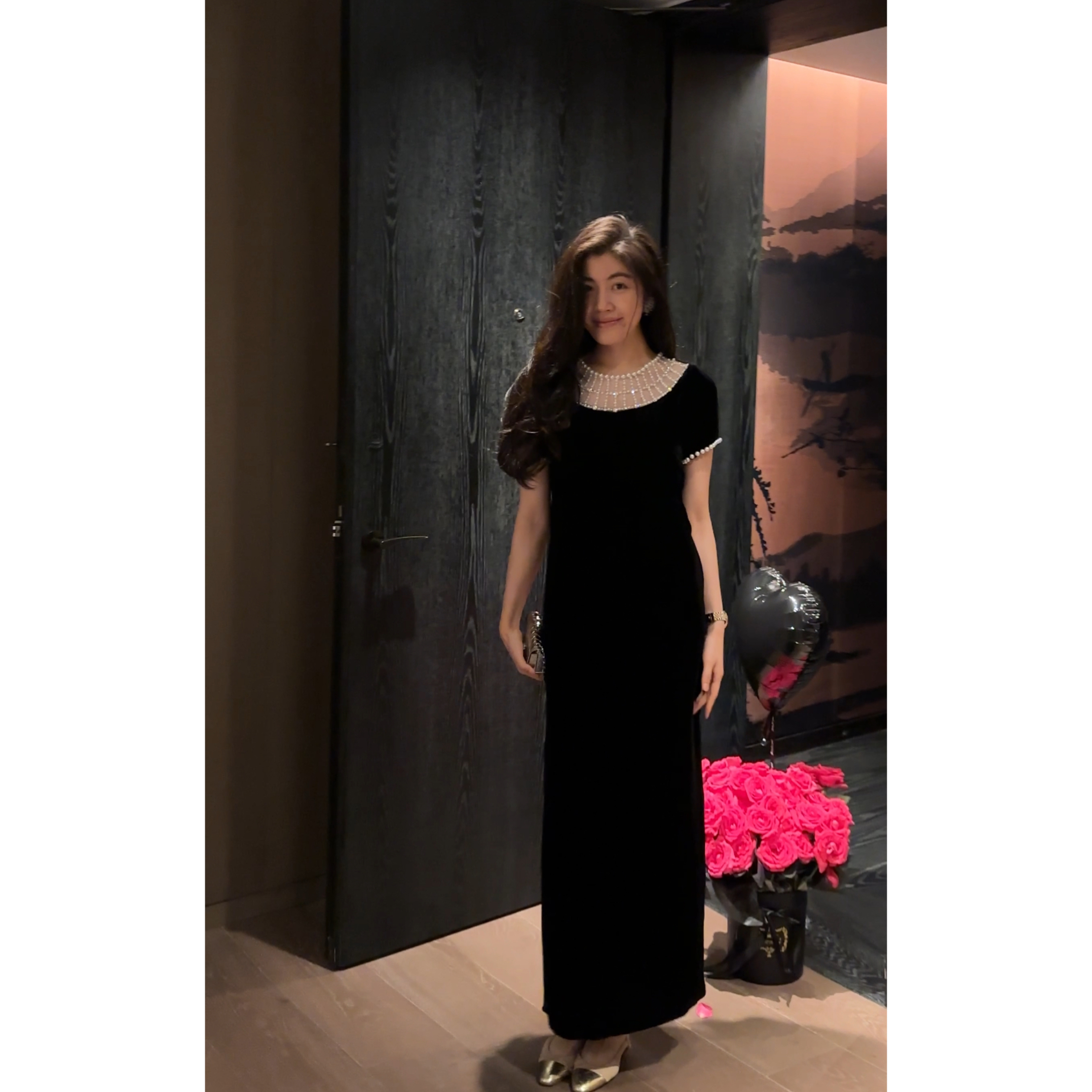 N.COU妮蔻25夏新款轻奢设计感洋气黑色钉珠真丝丝绒连衣裙DY80687