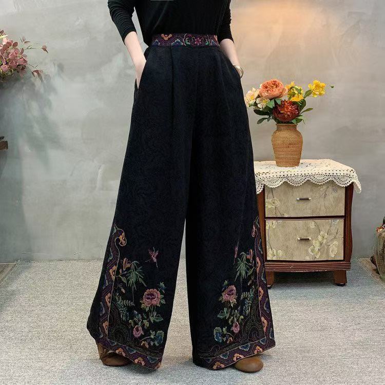 秋冬季民族风刺绣宽松亚麻复古松紧国潮中式高腰休闲裤阔腿大码