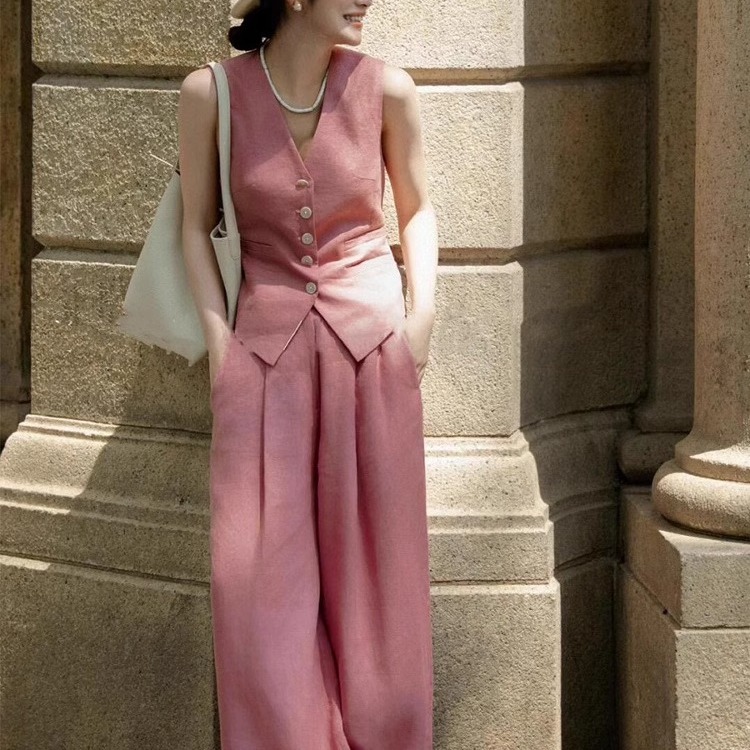 甜美可爱慵懒风时尚亚麻套装女夏季小众减龄粉色马甲阔腿裤两件套