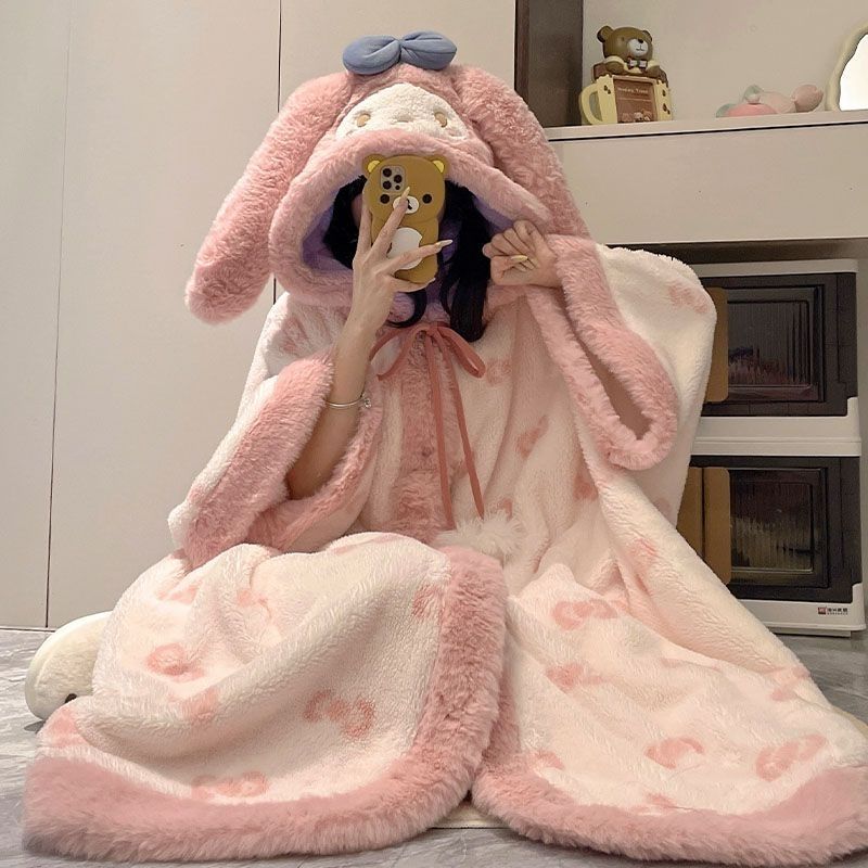 可爱风珊瑚睡袍女款秋冬季斗篷睡衣加绒加厚冬天可爱家居服套装zk