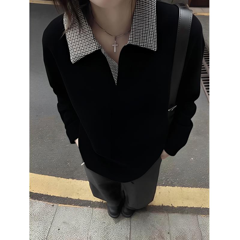 美式复古黑色千鸟格长袖t恤男款高级感重磅Polo衫翻领内搭打底衫