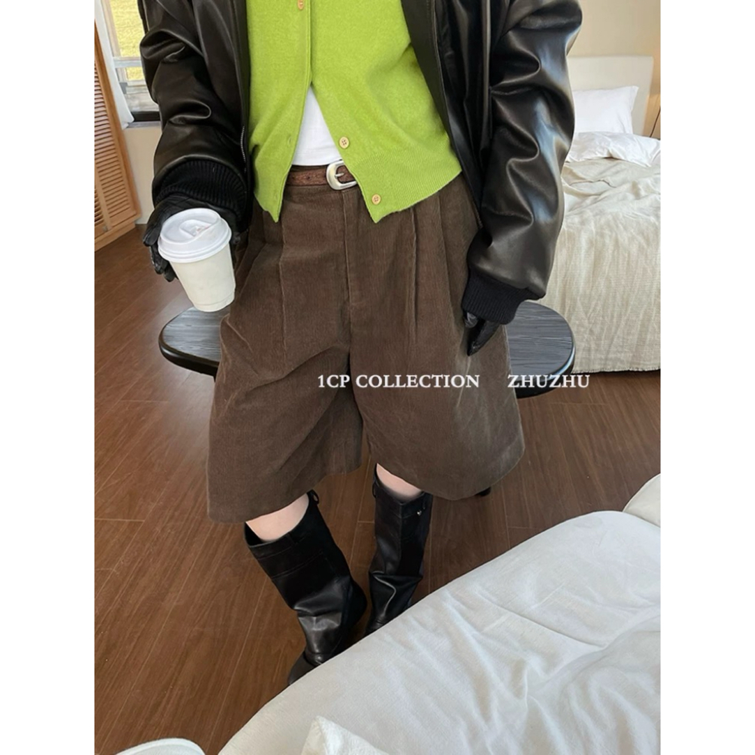 咖色灯芯绒直筒五分裤女2025冬季新款藏蓝色百搭高腰显瘦中裤