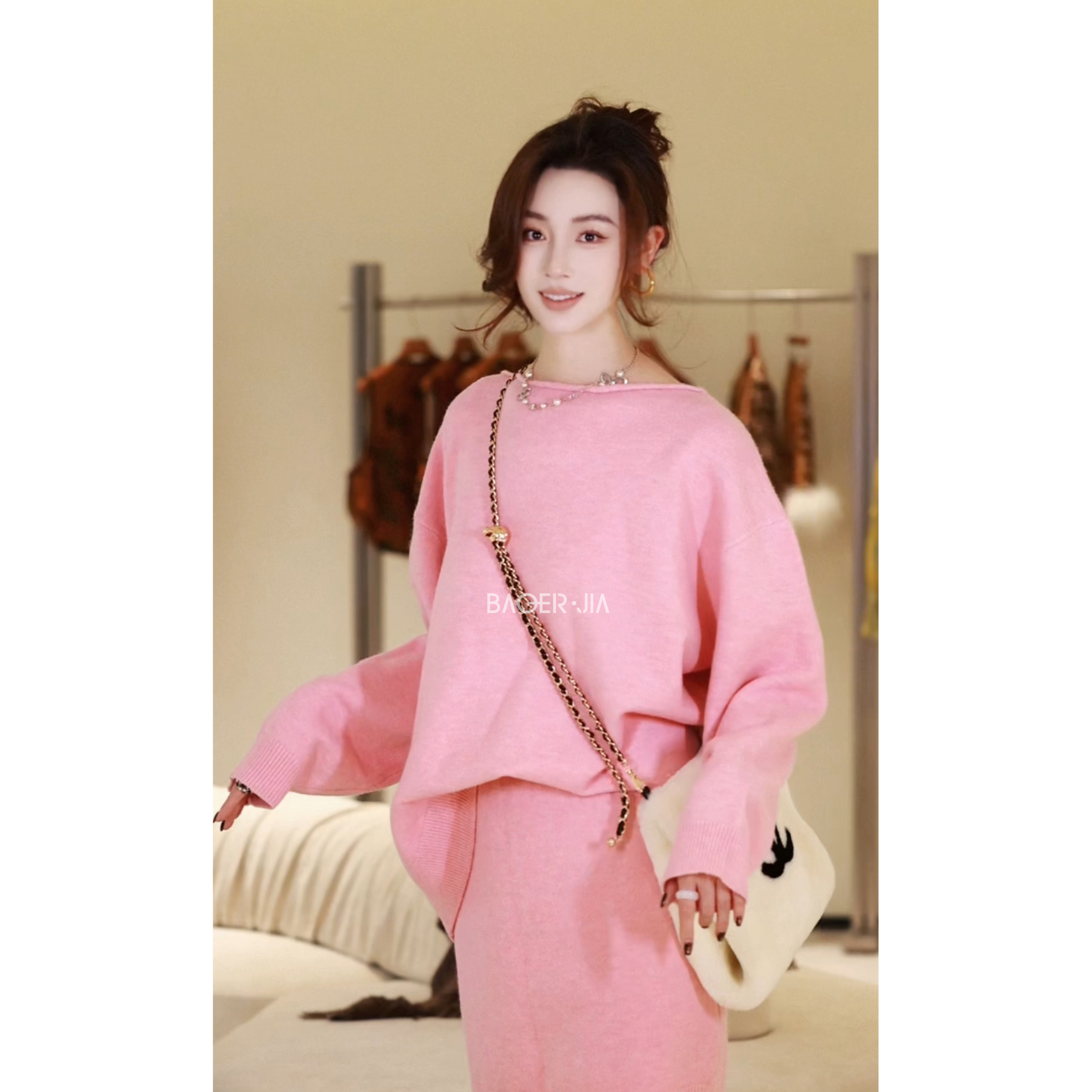 53-【少女套装】宝儿家含幂BF95325412罗纹收边落肩针织显瘦上衣裙