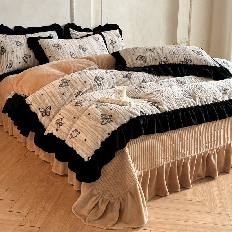 法式公主风牛奶绒四件套夹棉床盖款冬季加厚珊瑚绒毛绒被套床单人