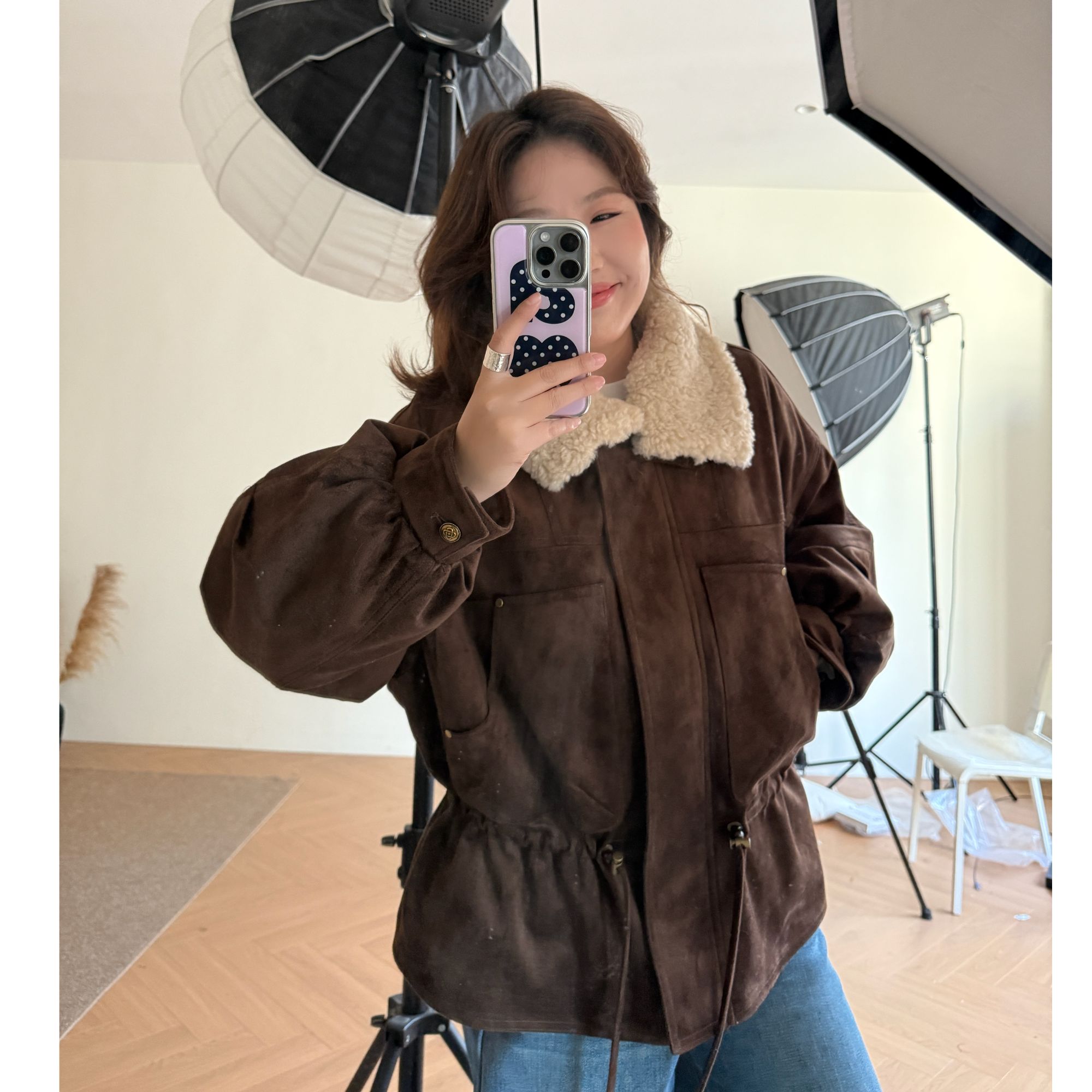 Q了个T 微胖mm【暖绒邂逅】大翻领90白鸭绒麂皮外套羽绒服