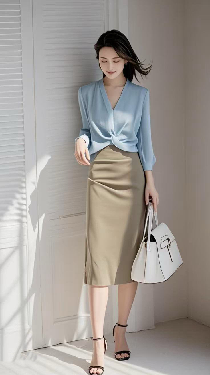 SS1013蓝色上衣宽松独特气质上衣设计感小众优雅洋气半裙两件套