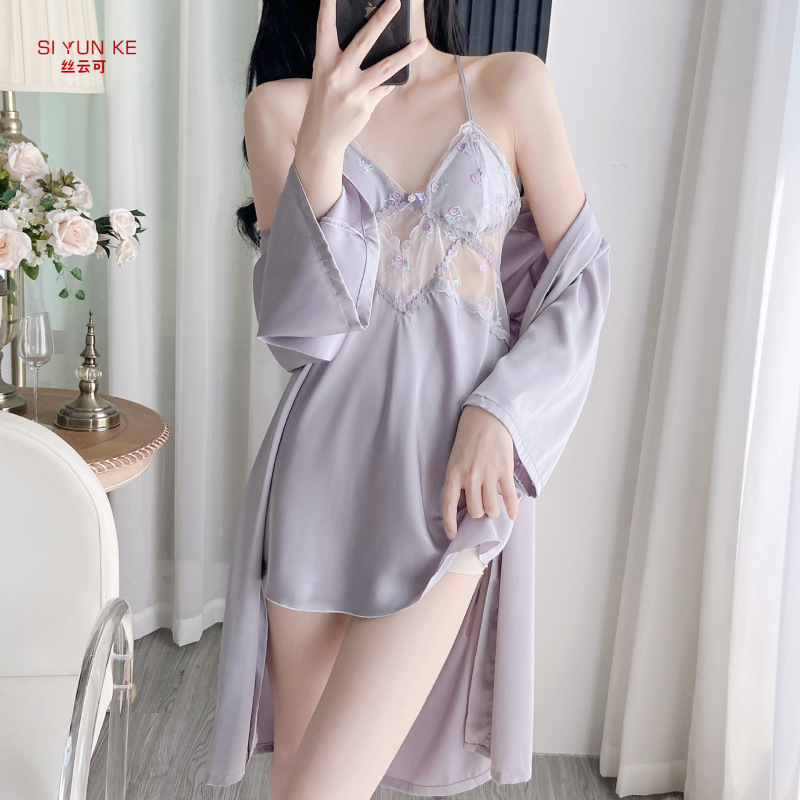 【闭月羞花】性感蕾丝睡裙缎面刺绣镂空带胸垫性感美背显瘦家居服