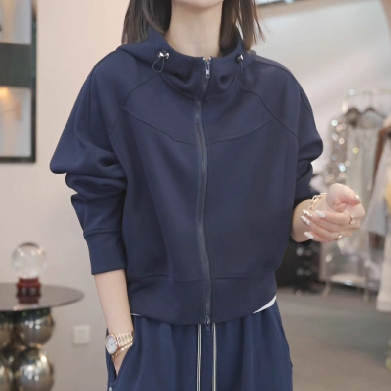 休闲宽松时尚上衣秋季新款胖MM大码女装慵懒风拉链长袖连帽卫衣女