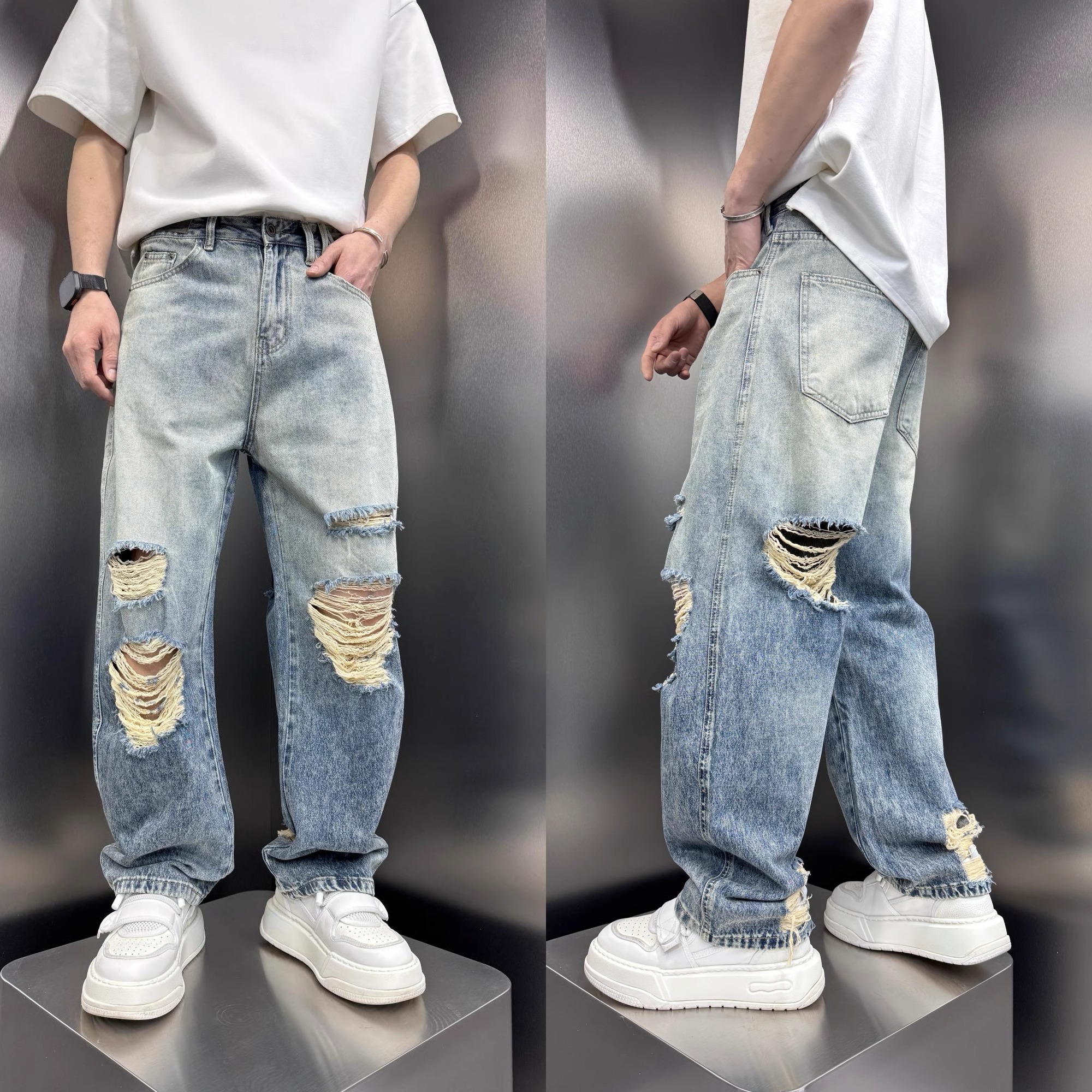 夏季新款男士美式高街乞丐破洞裤直筒牛仔裤宽松做旧水洗阔腿裤子