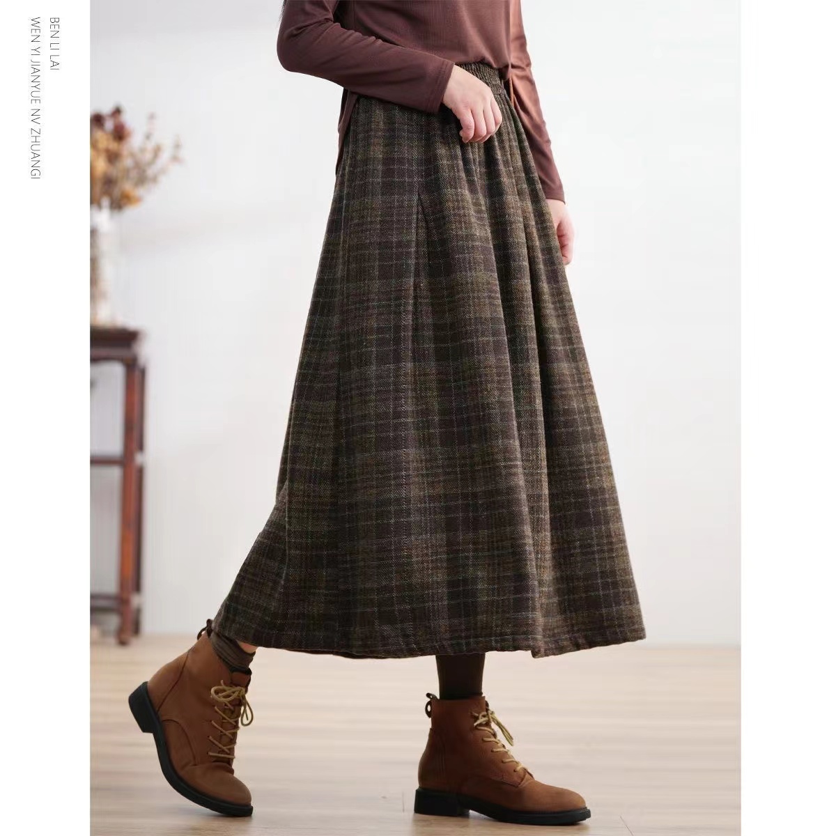 清仓捡漏~专柜撤回外贸大码复古格子毛呢半身裙女春a字大摆中长裙