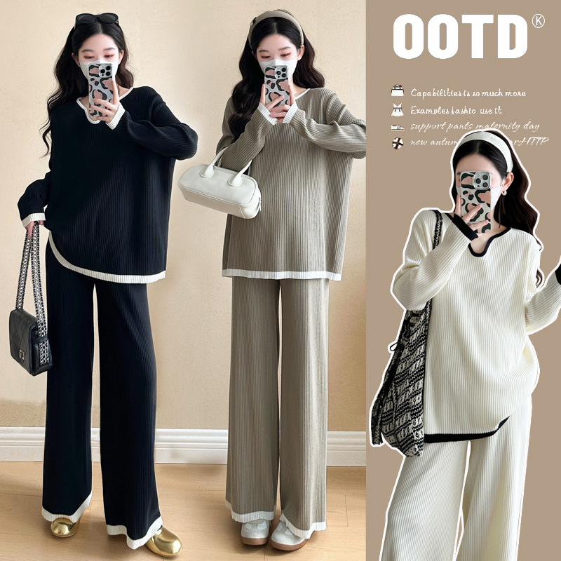 孕妇套装春季新款大码V领撞色拼接针织慵懒风气质时尚宽松两件套